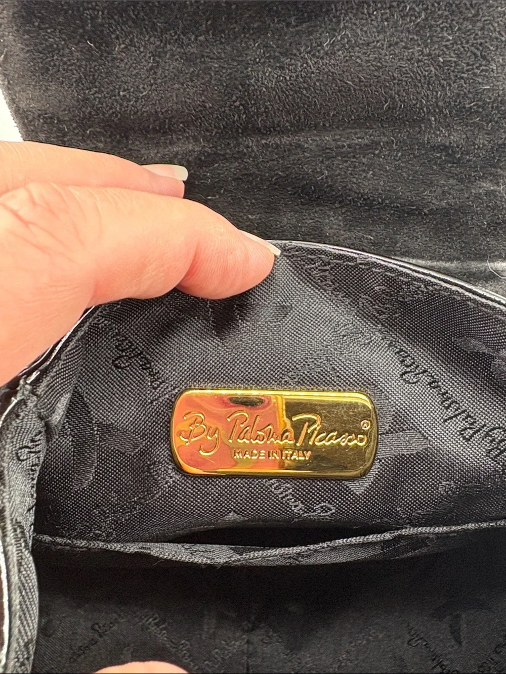 Paloma Picasso Black Patent Mini Backpack with Gold X Hardware